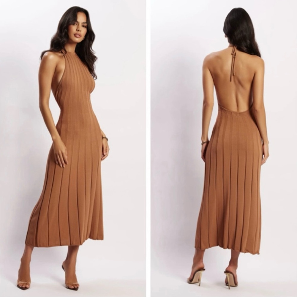 Meshki ADRIENNE Tan Halter Pleated Midi Dress